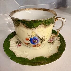Gold-rimmed Vintage Porcelain Hand Painted Cup and Saucer, Likely Japanese